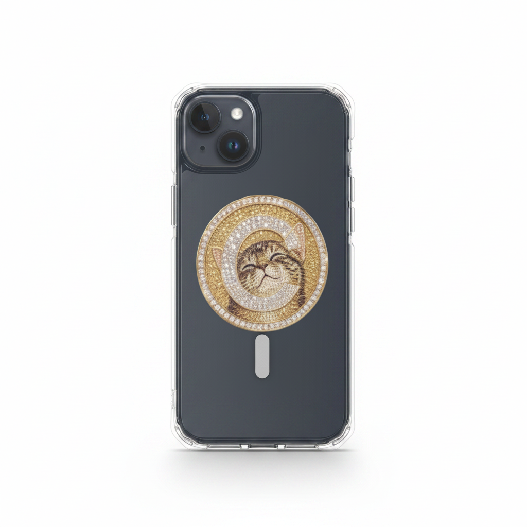 Clear iPhone Case with gold coin cat design on white background